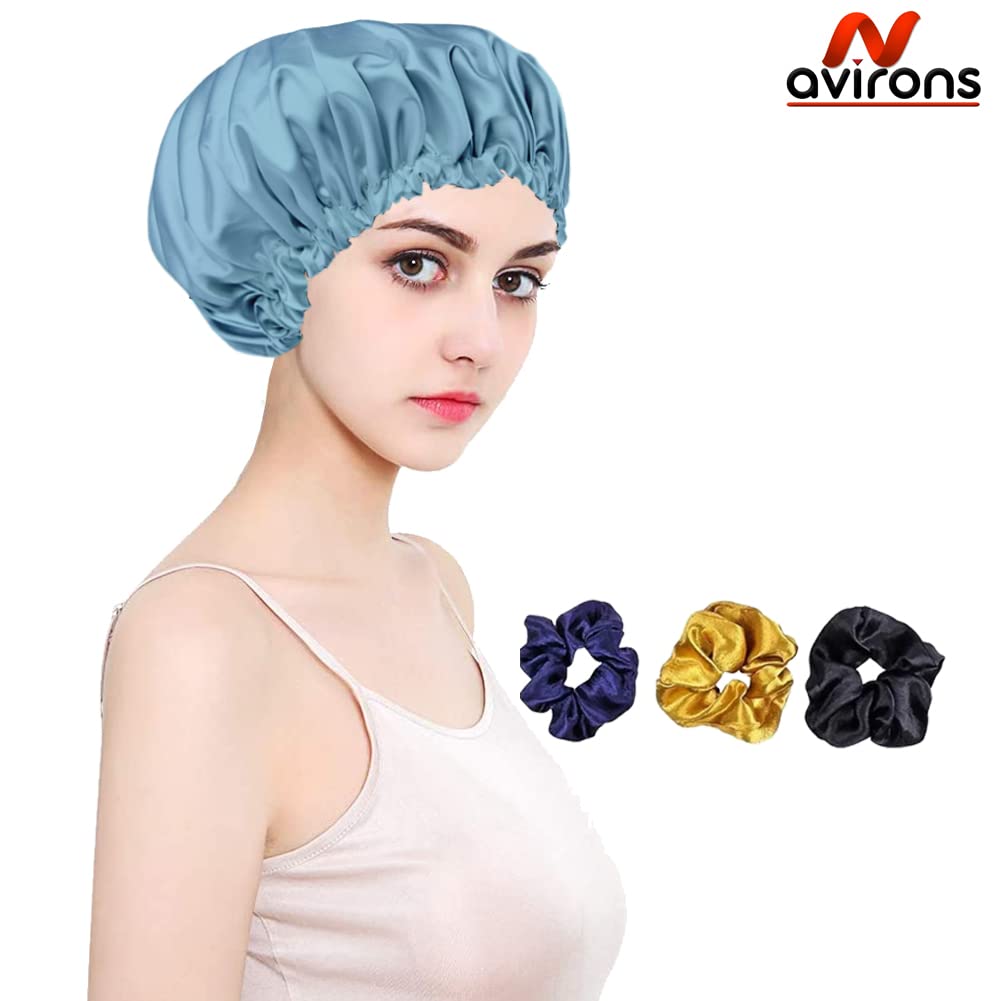 Avirons Reversible Pure Satin Hair Bonnet for Sleeping - Adjustable Silk Sleep Cap with Free 3 Scrunchies | Women's Protective Night Hairstyle Accessory | Perfect for Curly Hair, Natural Hair & Hair Protection While Sleeping