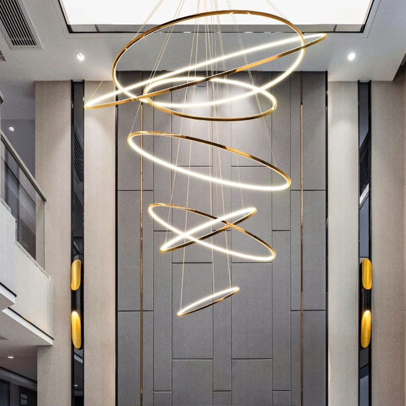 Elegant Rings Staircase Chandelier - Modern Crystal Pendant Light for Foyer, Stairwell & Entryway - Perfect for Home Decor & Luxury Lighting