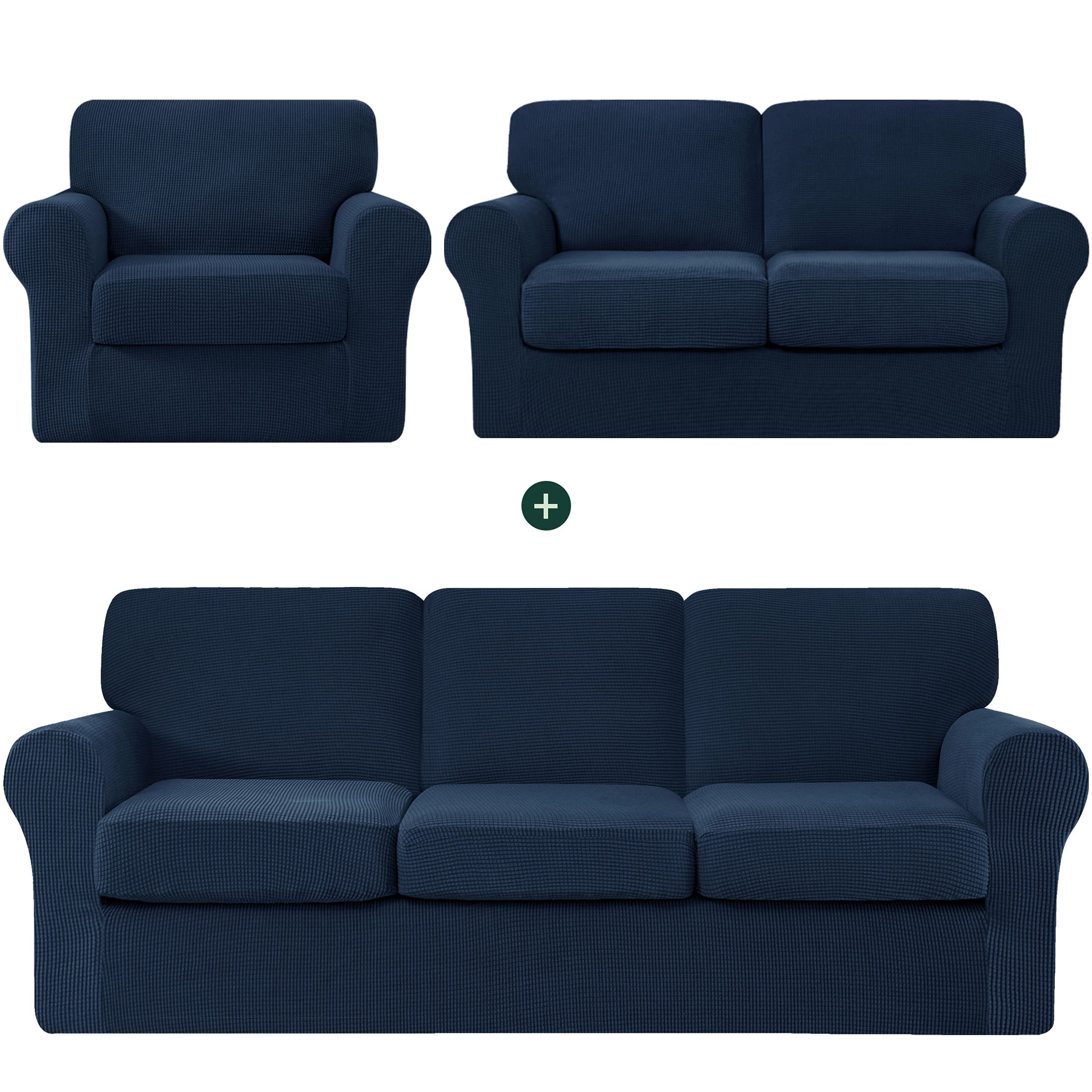 CHUN YI Small Armchair Cover & Loveseat Sofa Cover Set - Large Couch Slipcover with Detachable Backrests & Cushions (Dark Blue) - Perfect for Living Room, Bedroom & Home Decor Protection
