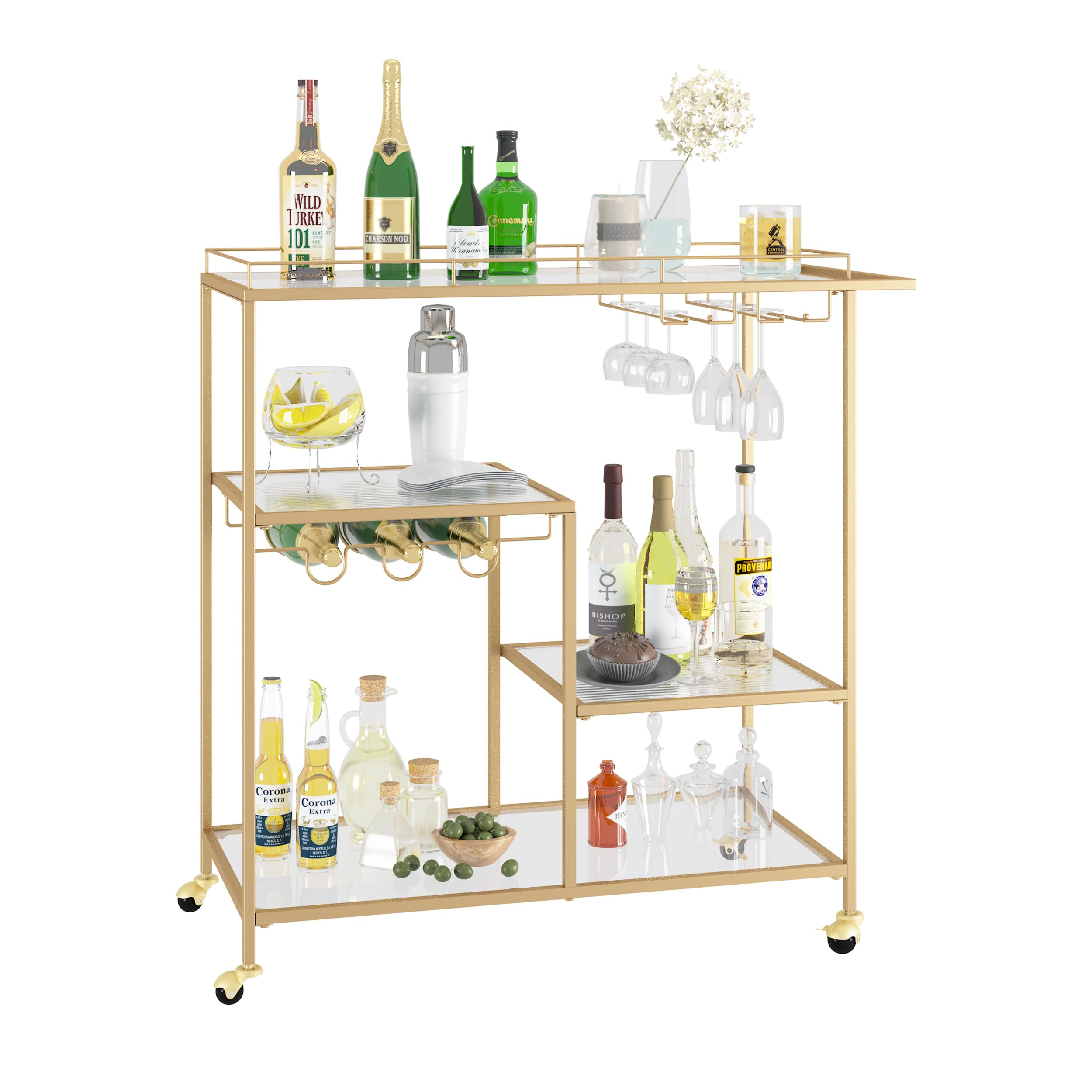 Gold Serving Bar Cart for Living Room - Home Island Mini Bar with Wine Glass Storage Shelf | Perfect for Entertaining, Cocktail Parties & Small Space Decor