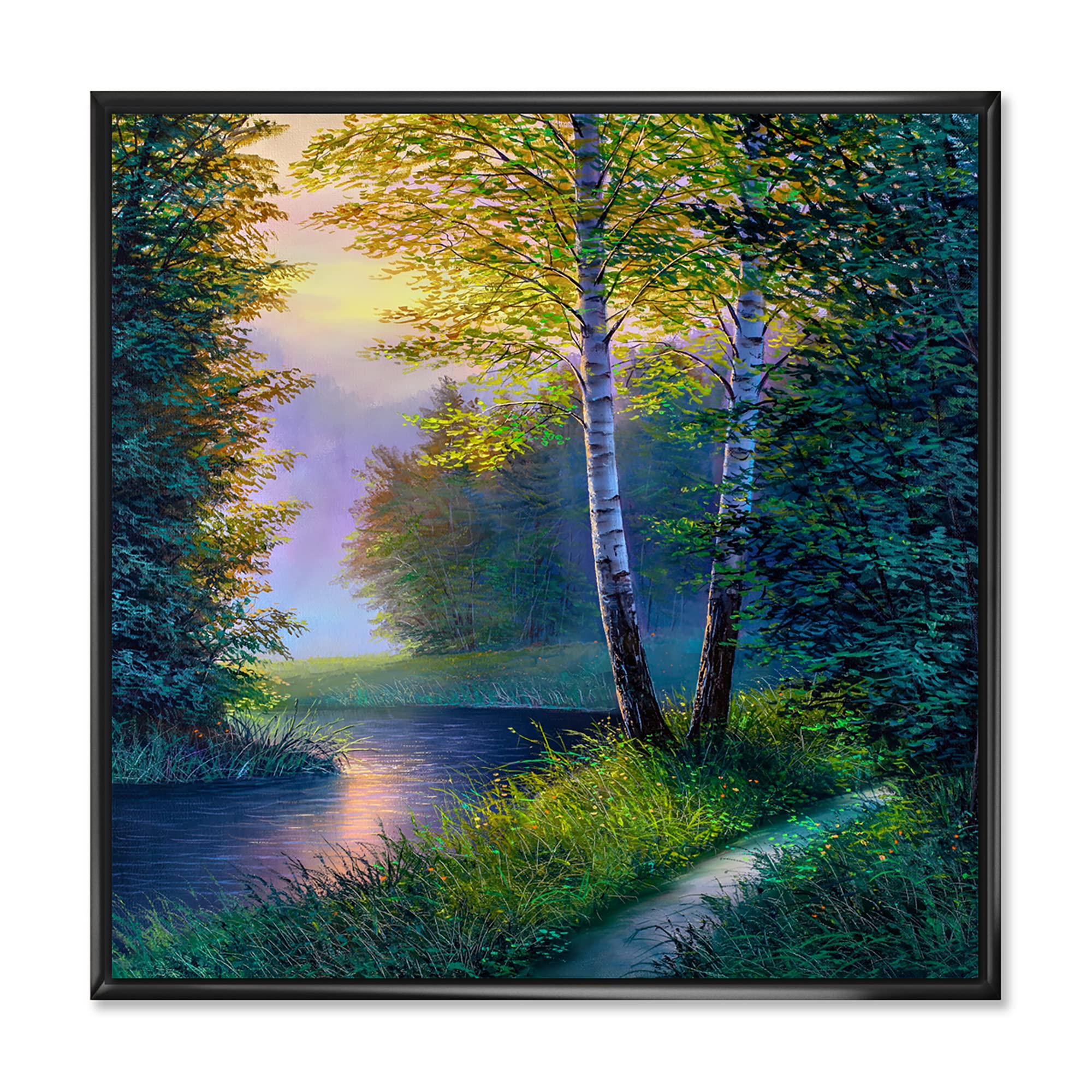 DesignQ Morning Sunlight Through Birch Forest - Lake House Framed Canvas Wall Art Print for Living Room, Bedroom & Office Decor