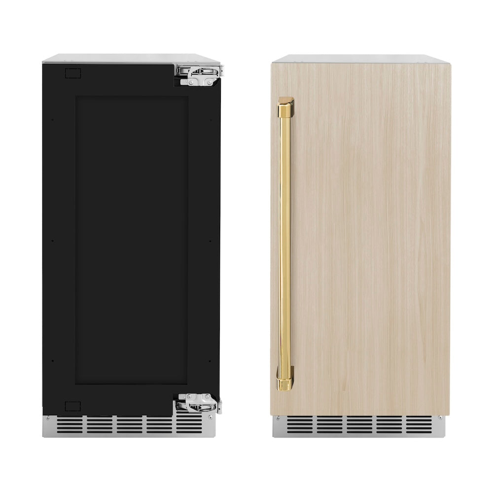 ZLINE Autograph Edition 15 Inch Clear Cube Ice Maker with Drain Pump - Panel Ready Door & Polished Gold Handle - Perfect for Home Bars, Kitchens, and Entertaining (ICCDPZ 15 G)