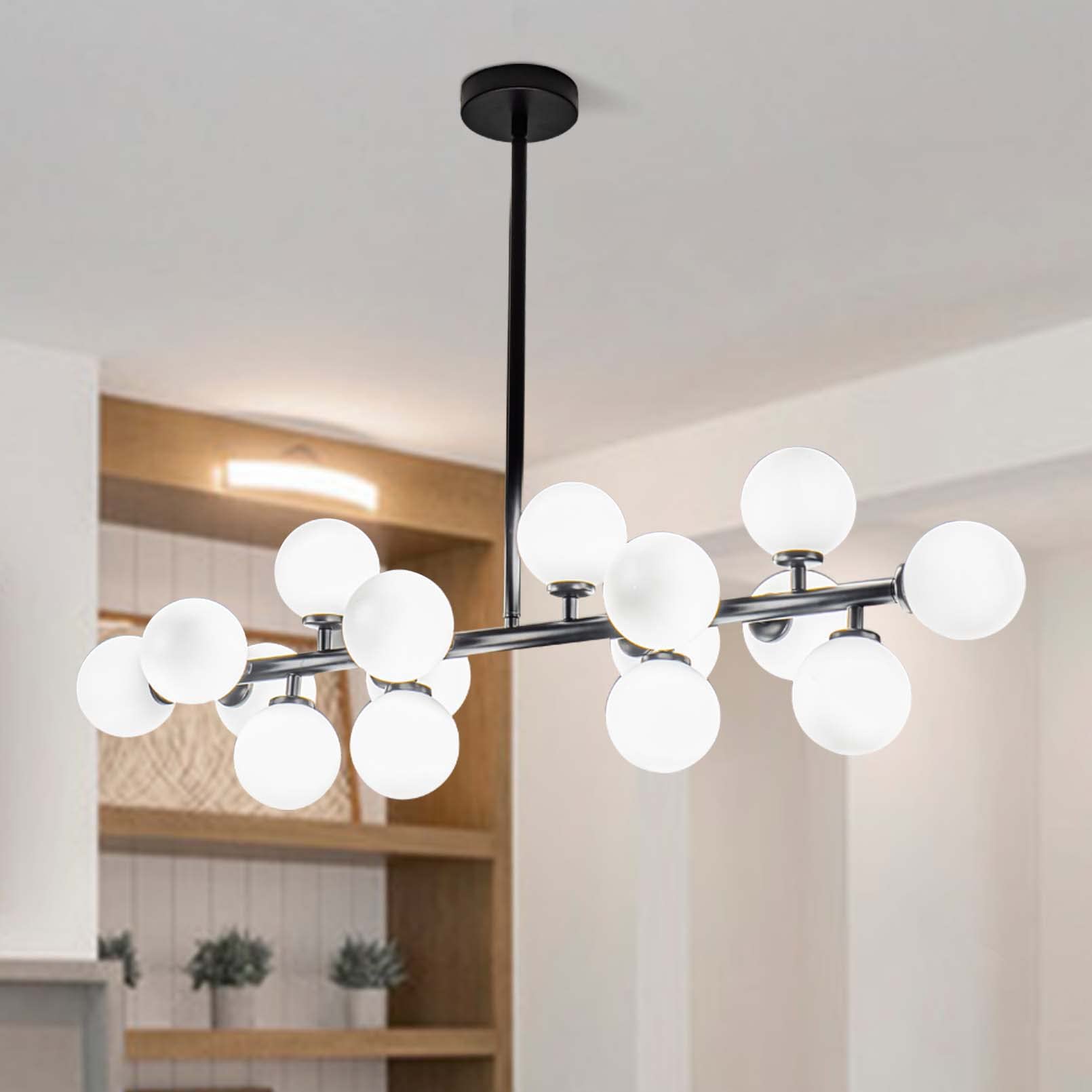 Mid Century Modern 16-Light Black Linear Chandelier - Elegant Pendant Lighting Fixture for Dining Room & Kitchen | Perfect for Contemporary Home Decor & Open Concept Spaces