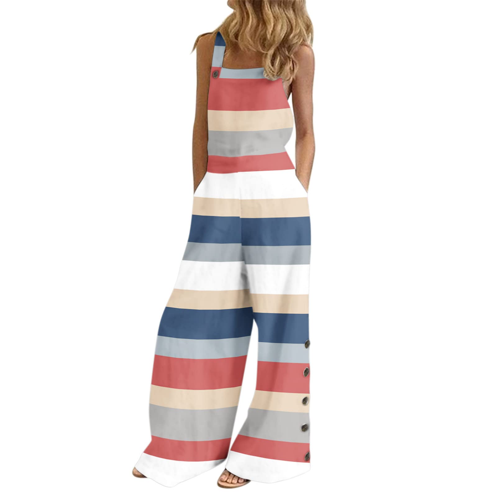 Women's Summer Striped Jumpsuit - Sleeveless Wide Leg Romper with Suspenders | Casual Outfit for Beach, Travel & Everyday Wear