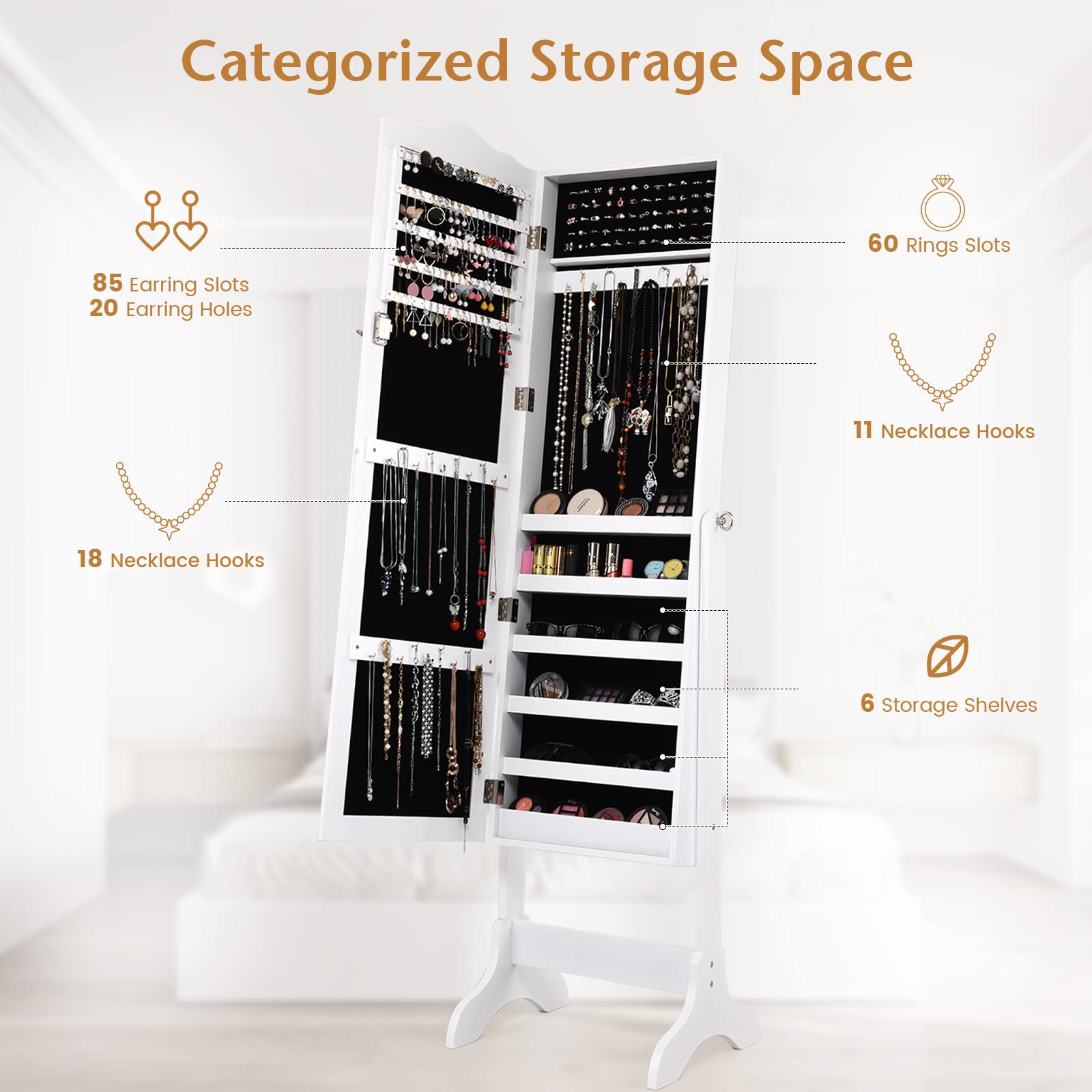 Byroce Freestanding Jewelry Armoire with Full-Length Mirror - Lockable Jewelry Organizer Cabinet with 4 Adjustable Angles, Large Capacity Jewelry Storage for Women & Girls (White) | Perfect for Bedroom, Closet & Dressing Room Organization