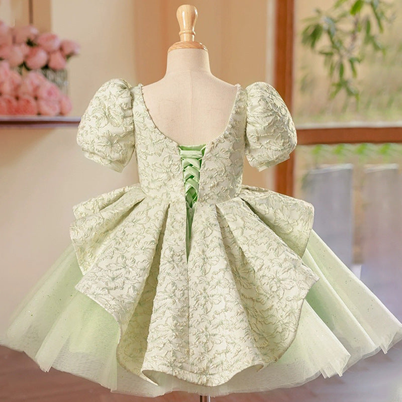 Adorable Green V-Neck Puffy Mesh Baby Girl Dress for Toddler Birthday Party | Soft & Comfortable Toddler Outfit for Special Occasions, Photo Shoots & Family Gatherings