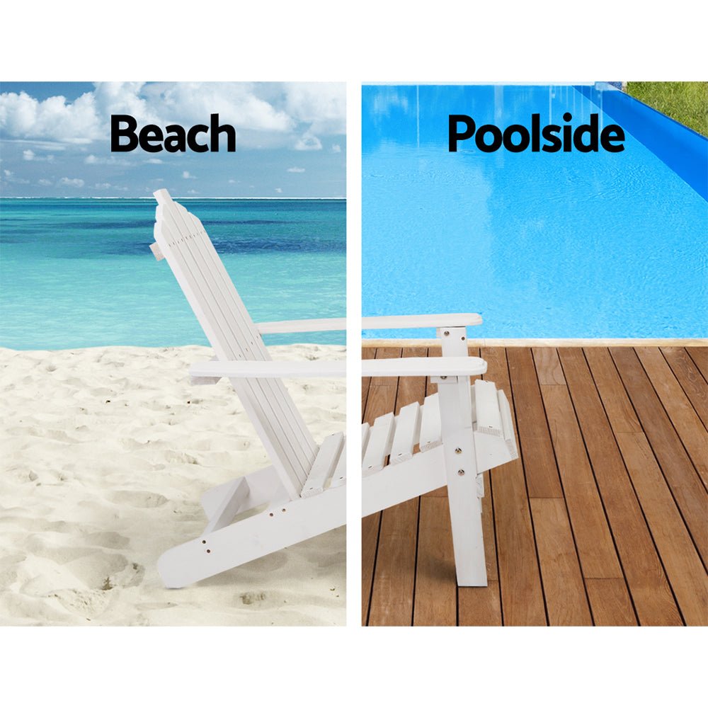 2-Piece White Adirondack Outdoor Table and Chair Set - Durable Wooden Patio Furniture for Beach, Garden, and Backyard Relaxation