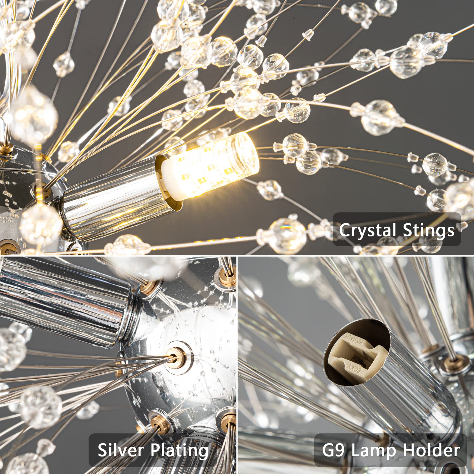Modern Chandeliers Firework Dandelion Sputnik Chandelier - 9-Light Crystal Chrome Pendant Lighting Fixture for Kitchen Island, Dining Room, Bedroom & Living Room - Elegant Ceiling Light for Home Decor, Wedding & Restaurant Ambiance