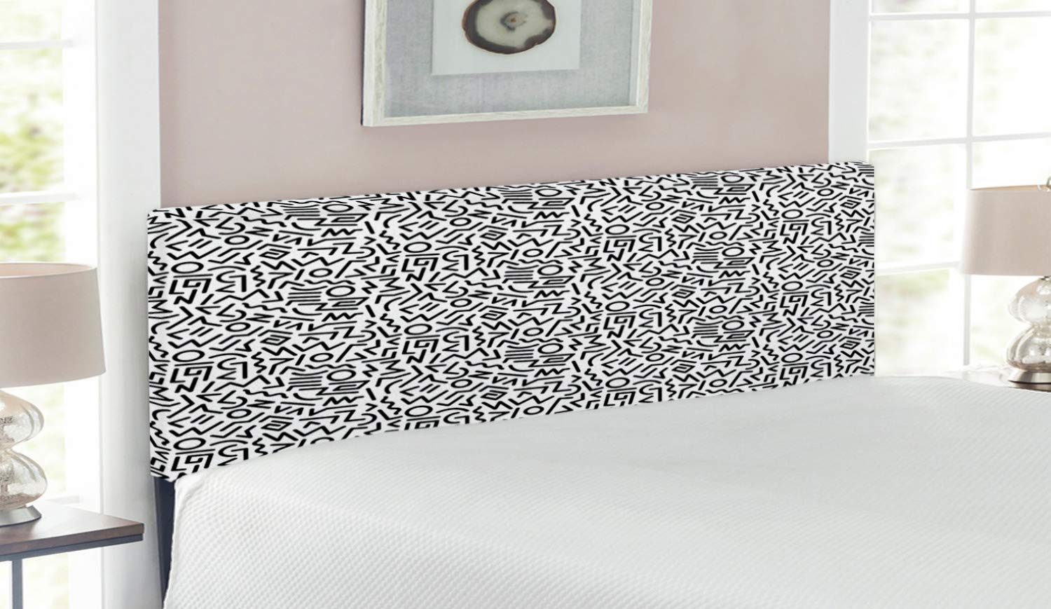 Ambesonne Geometric Upholstered Headboard - Queen Size Black & White Abstract Design with Memory Foam | Vintage 80s 90s Inspired Bedroom Decor for Modern & Retro Home Interiors