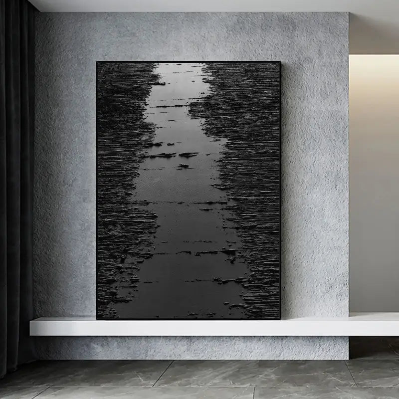 Modern Black Minimalist Textured Canvas Wall Art Painting - Abstract Home Decor for Living Room, Bedroom & Office | #MZ008