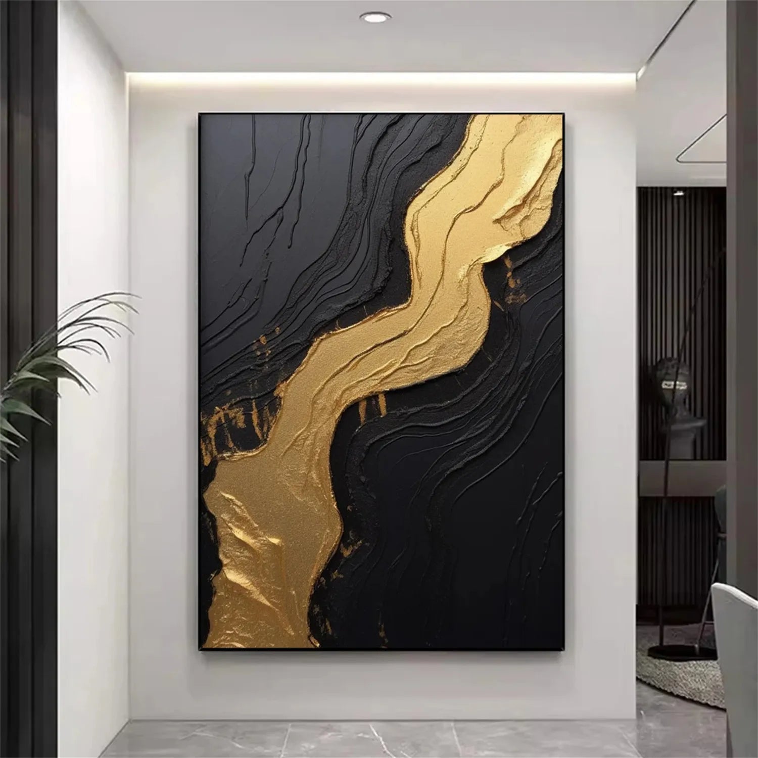 Black Gold Minimalist Textured Wall Art Painting #MZ130 - Modern Home Decor for Living Room, Bedroom & Office