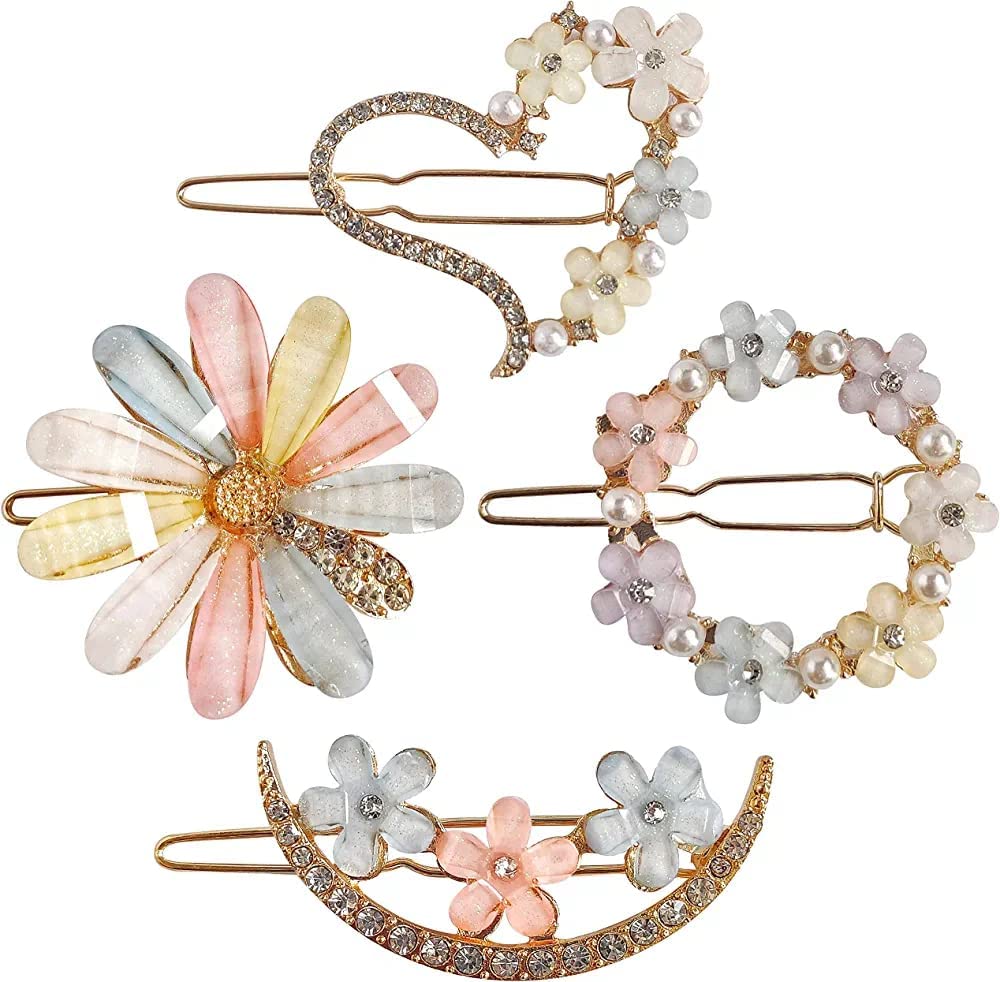 WUKAYA 4 Pcs Korean Rhinestone Hair Clips - Moon & Heart Shaped Barrettes for Women & Girls | Shiny Fashion Hair Accessories | Perfect for Parties, Weddings & Daily Styling