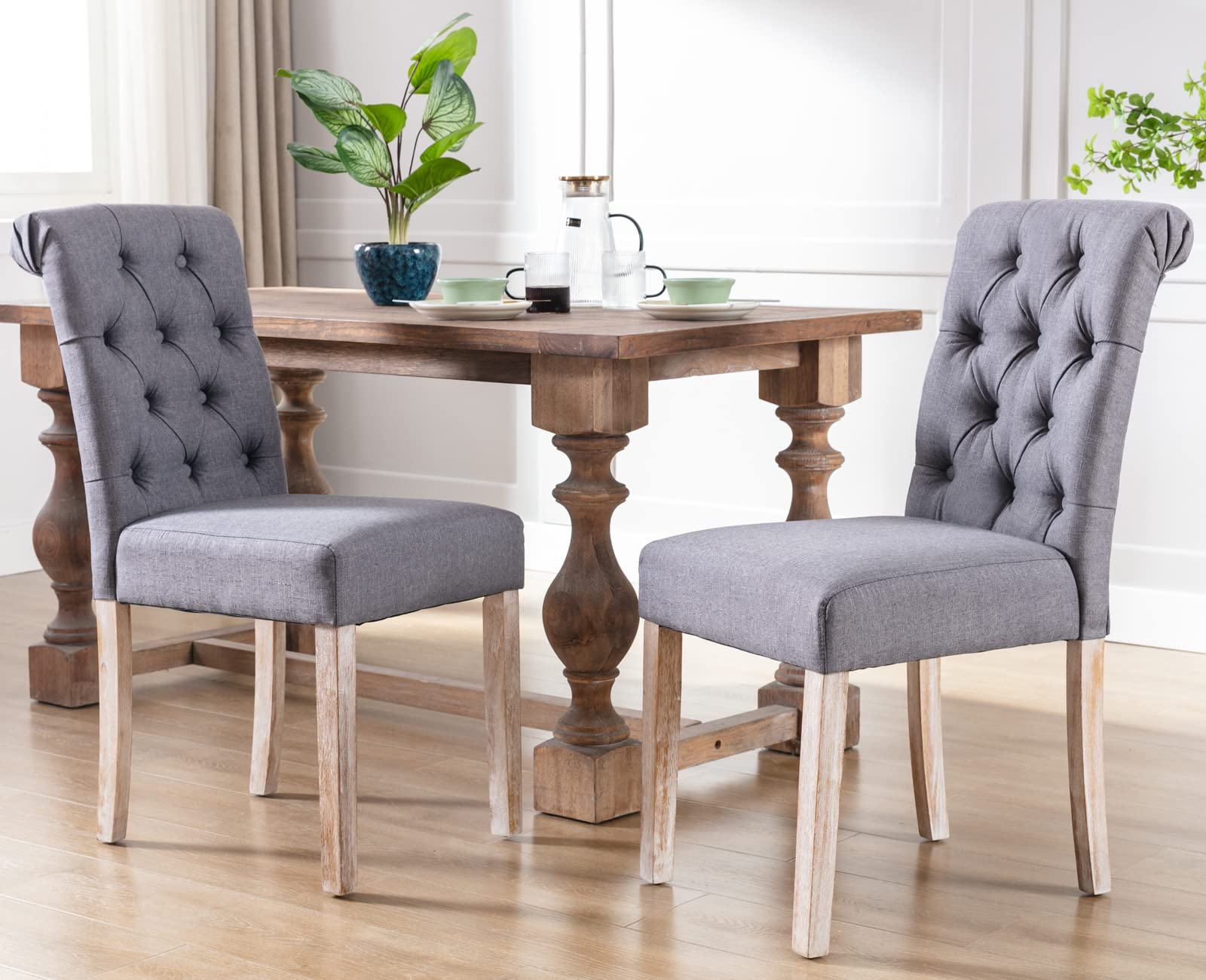 Janoray Set of 2 Upholstered Dining Chairs - High Back Tufted Fabric with Solid Wood Frame, Armless Side Chairs for Kitchen, Dining Room & Home Decor (Grey) - Perfect for Family Meals, Dinner Parties & Cozy Breakfast Nooks