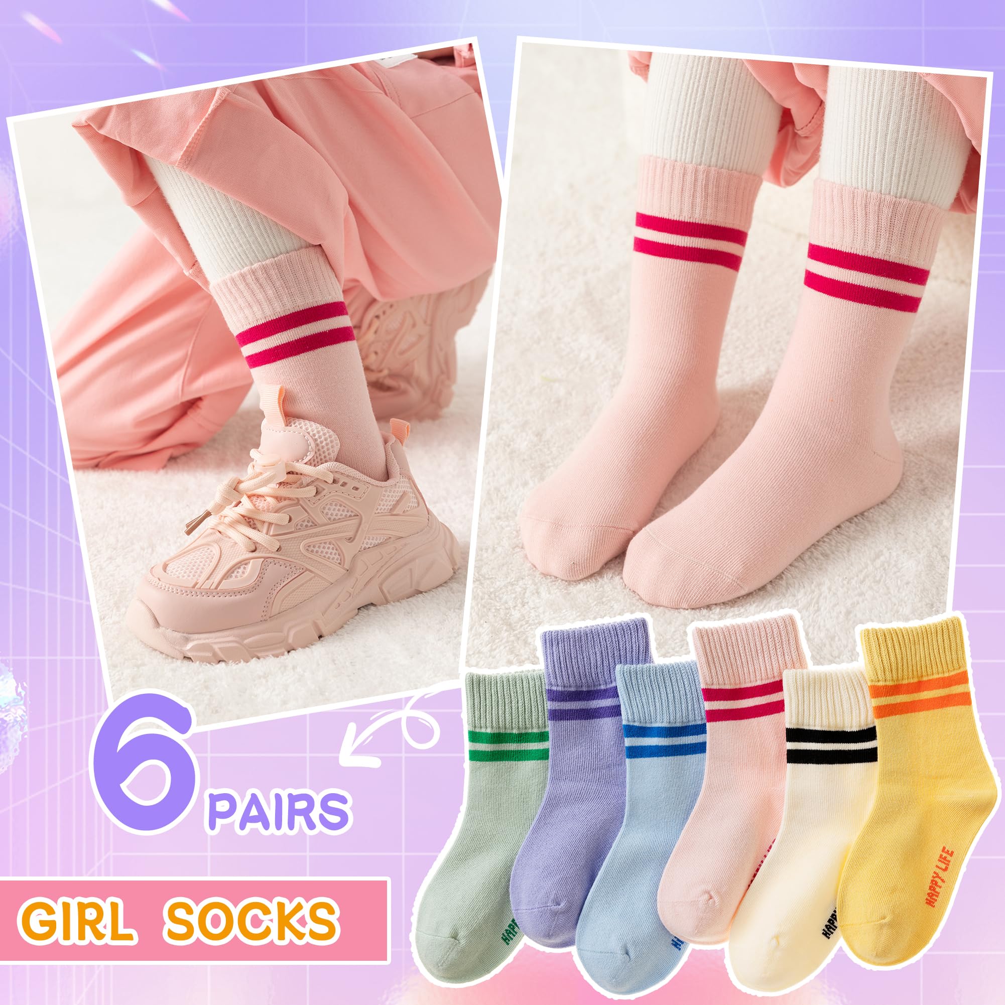 Eyean Girls Cotton Crew Socks - 6 Pairs Pack of Breathable Kids Dress Socks for School, Party & Everyday Wear | Cute Youth Ankle Socks for Toddlers & Little Girls