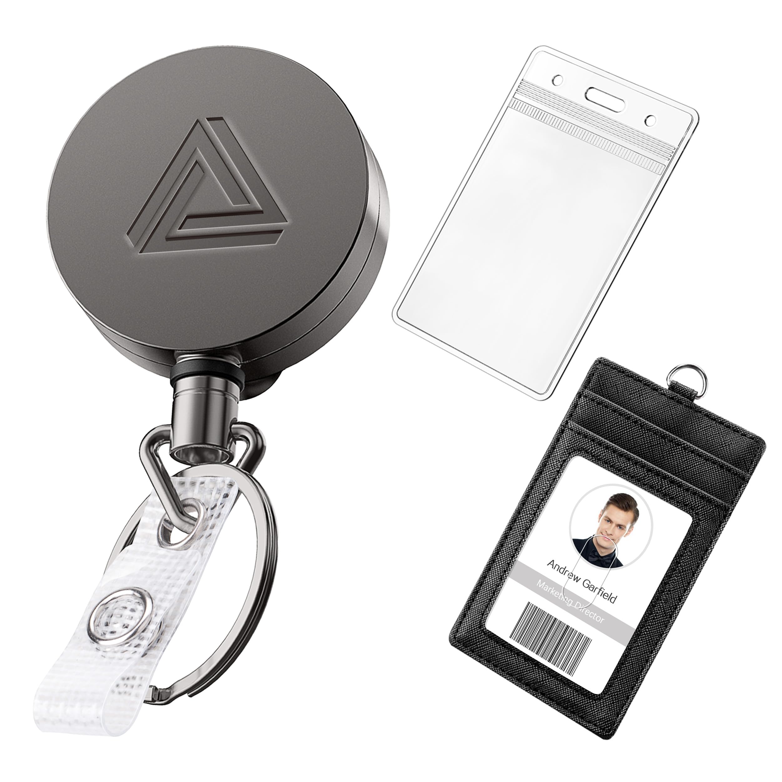Durable Metal Retractable Badge Holder with Belt Clip & Key Ring - Waterproof Vertical Clear ID Card Holder & PU Leather Badge Reel - Perfect for Office, Security, Events & Conventions