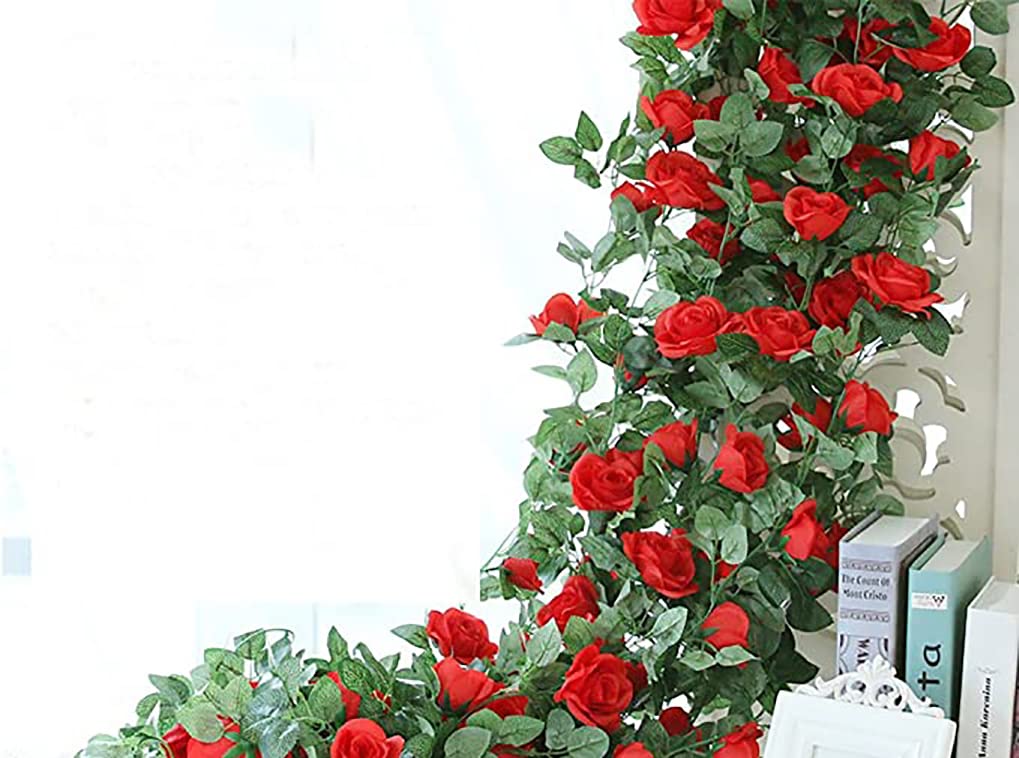 Lannu 2PCS 15 FT Artificial Rose Vine Garland - Fake Flowers for Wedding, Home, Garden, Party & Hotel Decor (Red) | Perfect for Indoor/Outdoor Decoration, Wall Hanging, and Event Centerpieces