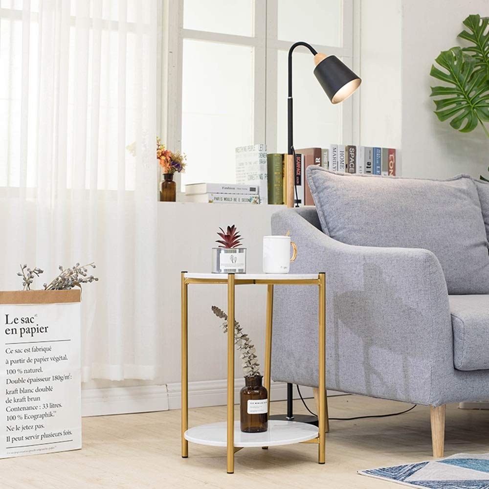 Elegant 2-Tier Marble End Table with Iron Art Frame - Gold Accented Side Table for Living Room, Bedroom & Balcony (16×22 Inch) | Perfect for Tea Storage, Nightstand & Corner Decor