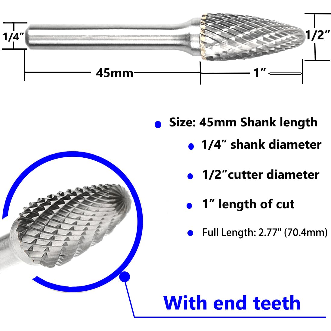 Tungsten Carbide Burr SF-3 Double Cut Die Grinder Bit - 3/8