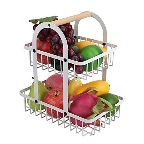 2-Tier Metal Fruit Basket Stand with Wooden Handle - Detachable Kitchen Organizer for Fruits & Vegetables - White Countertop Storage Rack for Dining Table, Office Desk, or Party Serving