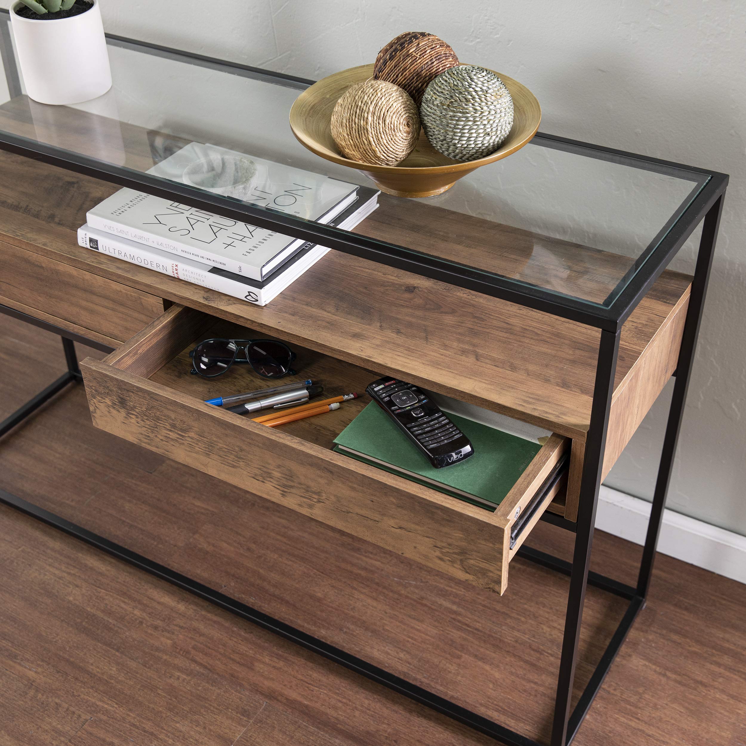SEI Furniture Olivern Glass-Top Console Table with Storage - Modern Industrial Farmhouse Style Entryway Table for Living Room, Hallway & Foyer - Brown Wooden Sofa Table with Open Shelf Design