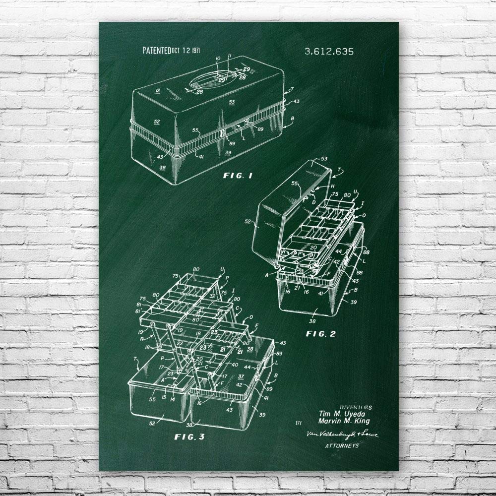 Patent Earth Tackle Box Poster Print - Fishing Gift & Bait Shop Art - Lake House Decor - Fishing Wall Art Chalkboard (Green, 13x19 Inch) - Perfect for Angler Gifts & Cabin Decor