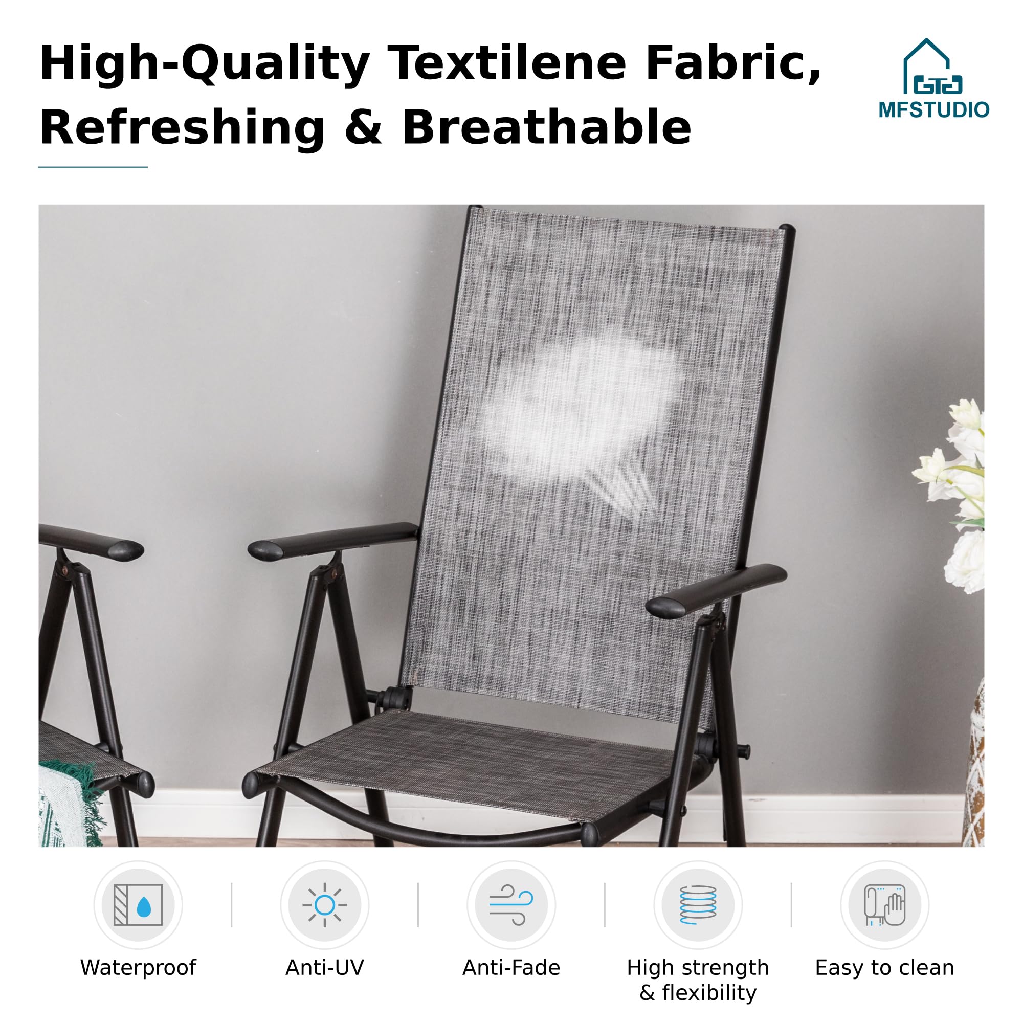 MFSTUDIO 2-Pack Patio Folding Dining Chairs - Adjustable Outdoor Sling Chairs for Garden, Lawn & Deck - Portable Grey Patio Furniture Set (7-Level Reclining) - Perfect for Backyard BBQs, Poolside Relaxation & Outdoor Dining