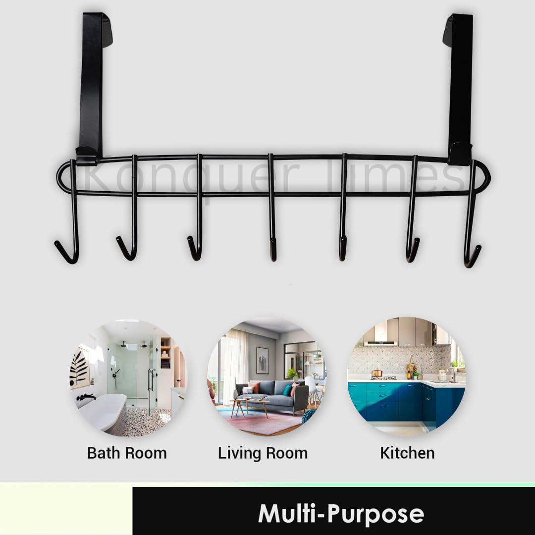 Konquer TimeS Heavy Duty Stainless Steel Over The Door Hook Hanger Organizer - Wall Mounted Hook Rack for Closet, Bathroom & Kitchen Organization - No Drilling Required (Black)