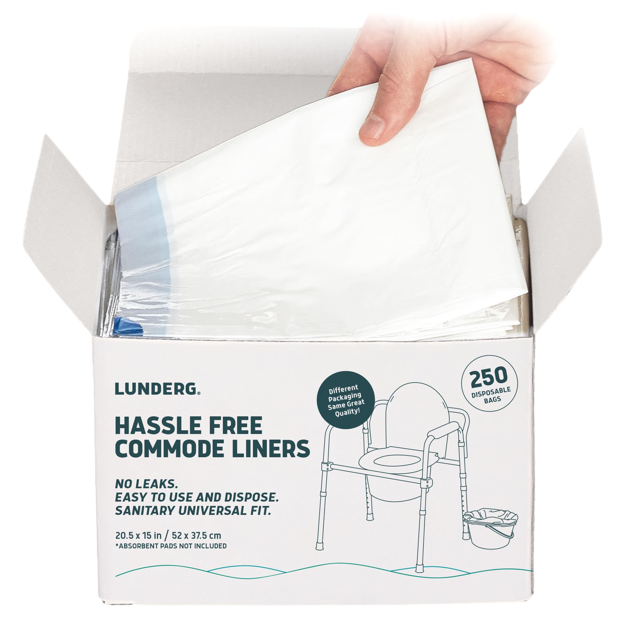 Lunderg Commode Liners - Value Pack 250 Count, Universal Fit Disposable Toilet Bags for Adult Commode Chair, Portable Toilet & Camping - Medical Grade, Odor Control - Ideal for Home Care, Travel & Outdoor Use