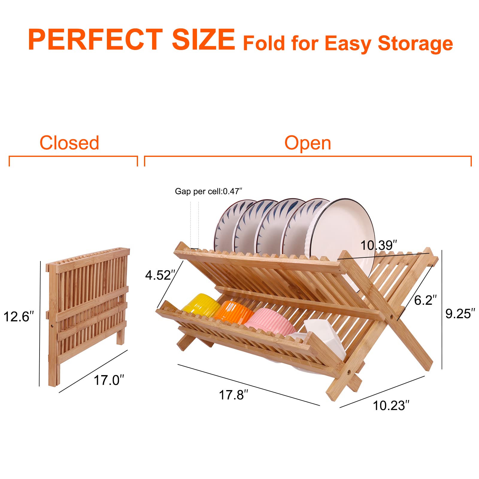 Premium Bamboo Dish Drying Rack - Collapsible & Foldable Dish Drainer for Kitchen Countertop - 100% Natural Bamboo Plate Rack (17.8