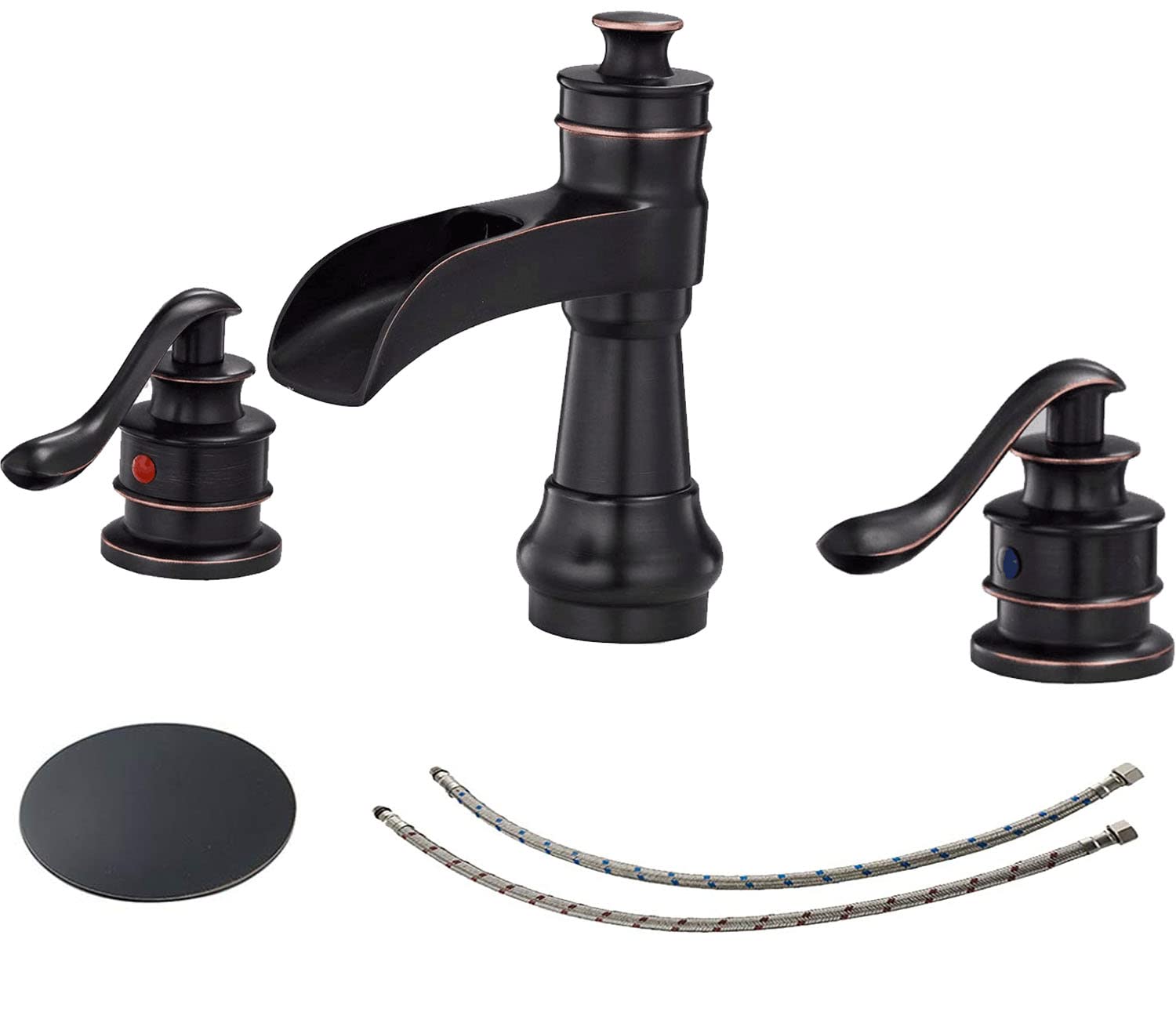 8 Inch Widespread Bathroom Sink Faucet - Oil Rubbed Bronze Two Handle Farmhouse Waterfall Design with Pop-Up Drain Stopper, Lead-Free Commercial Supply Lines - Perfect for Vanity, Guest Bath & Rustic Home Decor