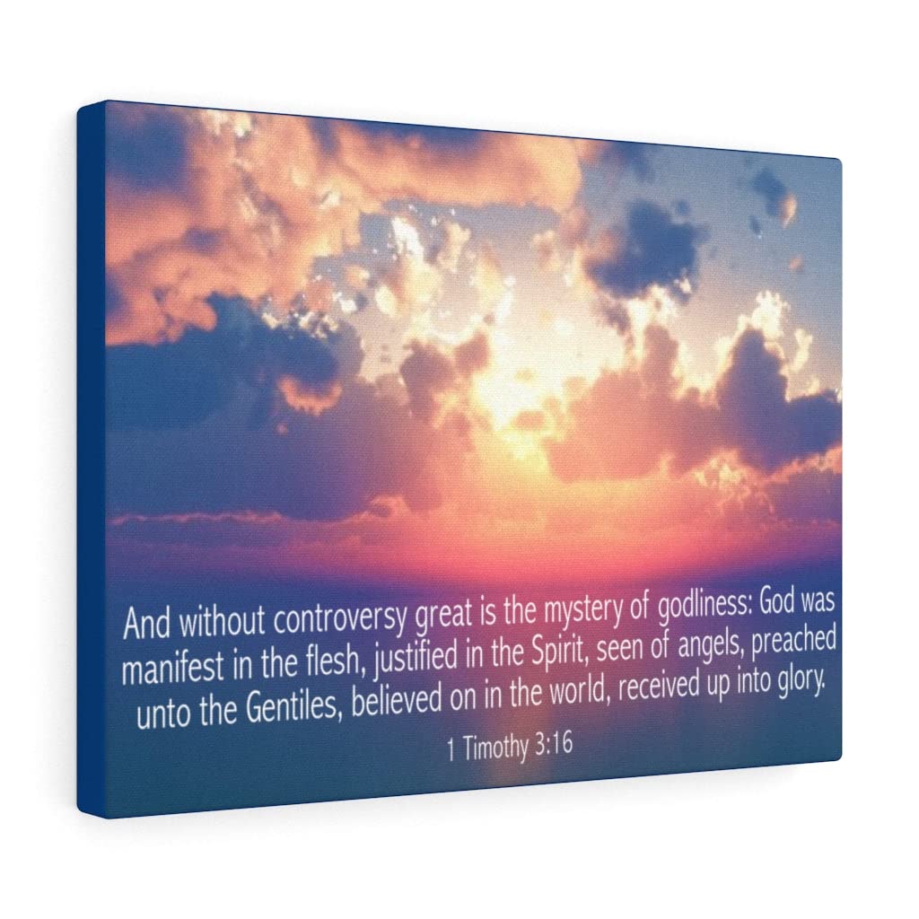 Christian Wall Art Canvas - 1 Timothy 3:16 Bible Verse Scripture Print, Ready to Hang Home Decor for Living Room, Bedroom & Church (Godliness Mystery Inspired)
