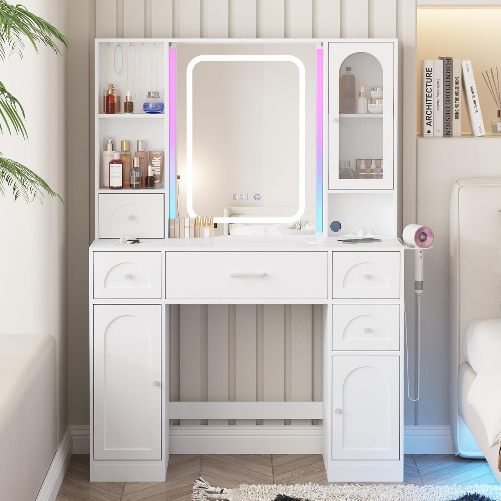 Fameill White Vanity Desk with LED Mirror & 5 Drawers - Makeup Table with RGB Lights & Storage for Bedroom