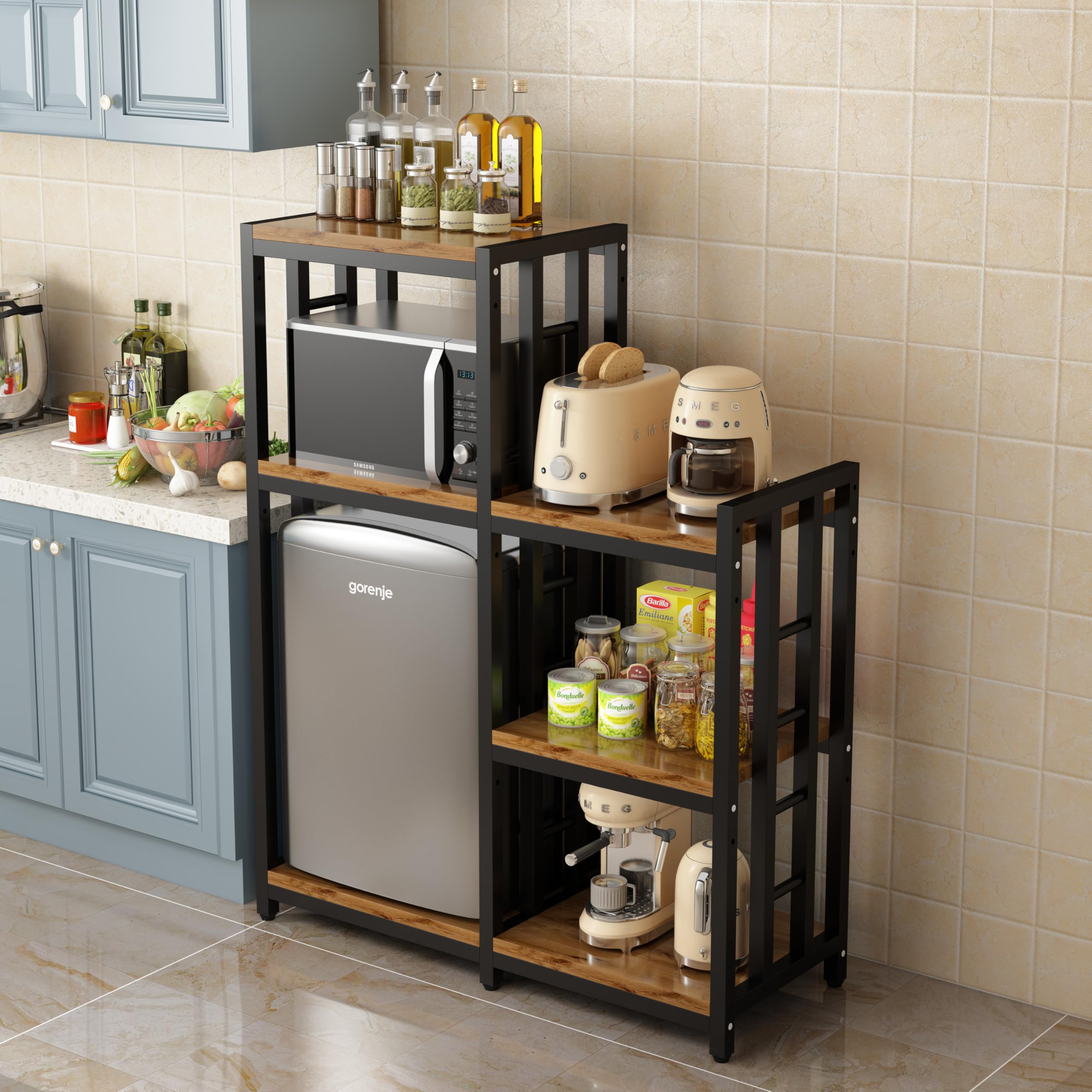 4-Tier + 3-Tier Kitchen Bakers Rack - Rustic Brown Free Standing Storage Shelf Organizer for Spices, Utensils & Microwave - Perfect for Small Kitchens, Pantry Organization & Baking Workstation