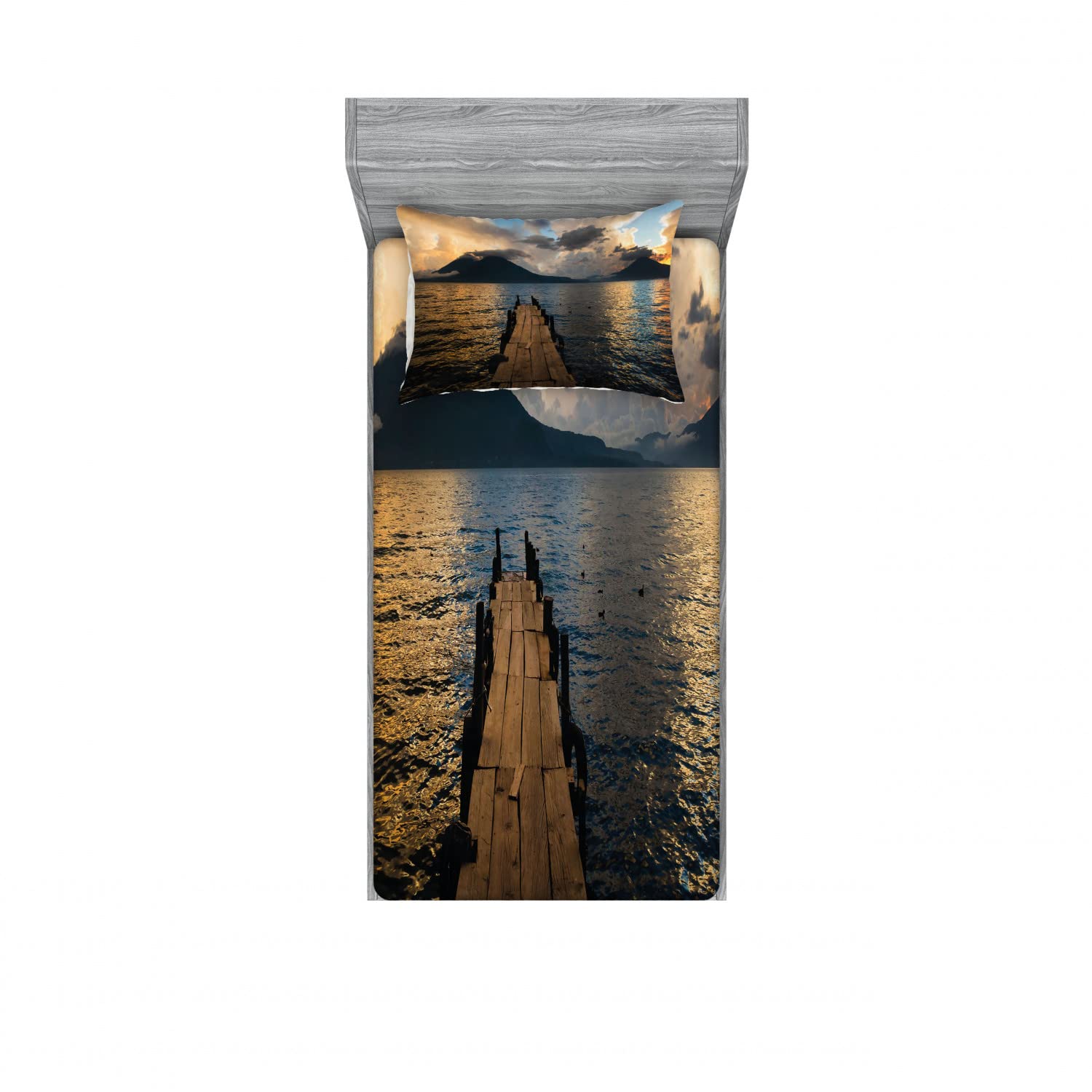 Ambesonne 2-Pack Twin XL Fitted Sheets & Pillow Sham Set - Wooden Pier on Lake Landscape Design, 4-Piece Bedding Decor for Cozy Lakeside Retreats - Perfect for Guest Rooms, Vacation Homes & Nature-Inspired Bedrooms