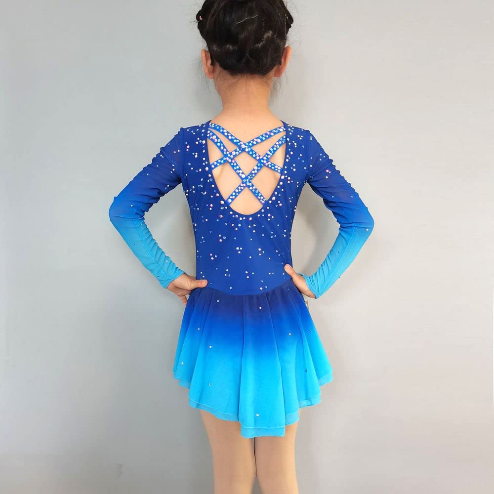 Blue Gradient Figure Skating Skirt with Hook Finger Mesh & Diamond Details - Competition & Performance Skirt for Girls | Perfect for Ice Shows, Recitals & Dance Routines