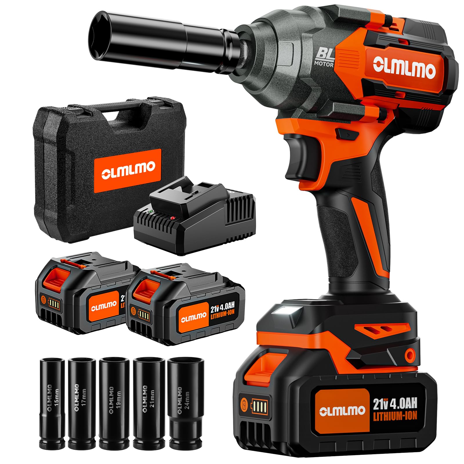 950N.m (700 Ft-lbs) Brushless Cordless Impact Wrench 1/2 Inch with 2x4.0Ah Batteries & Fast Charger - 5-Piece Socket Set for Car Tire Change, Auto Repair, DIY Projects & Home Garage Use
