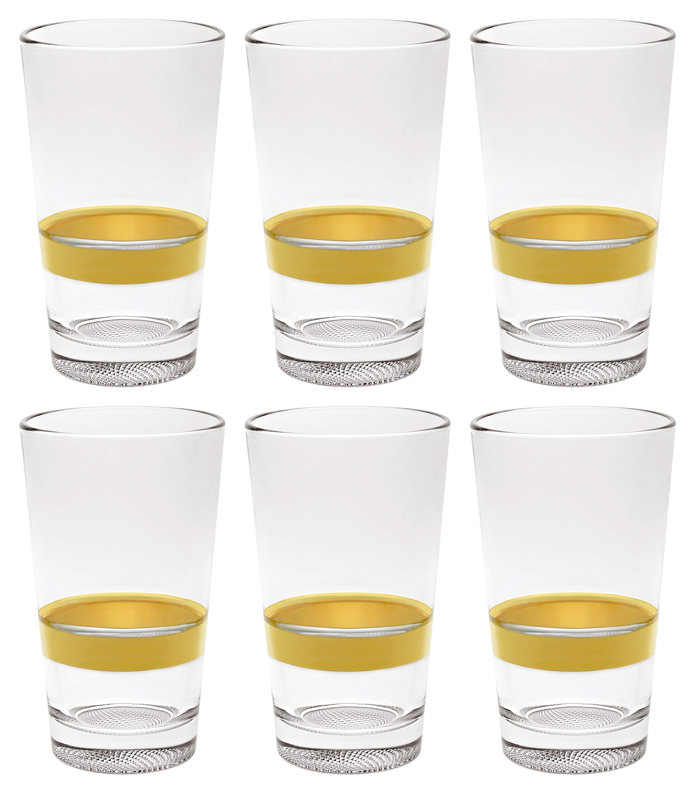 Premium 14.2 oz Highball Glasses Set of 6 - European Quality Glass with Gold Band - Stackable, Non-Stick Design - Artistically Crafted in Europe - Perfect for Cocktails, Iced Coffee & Home Bar Decor