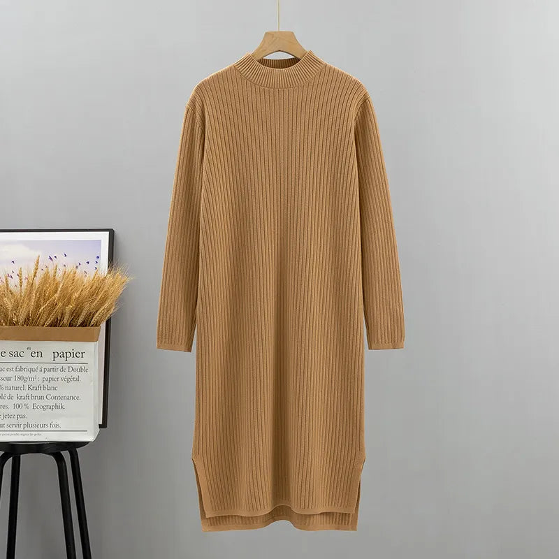 Women's Thick Knitted Ribbed Sweater Dress - Autumn Winter Warm Casual Loose Fit Fashion Dress for Ladies | Perfect for Office, Dating, and Holiday Outfits
