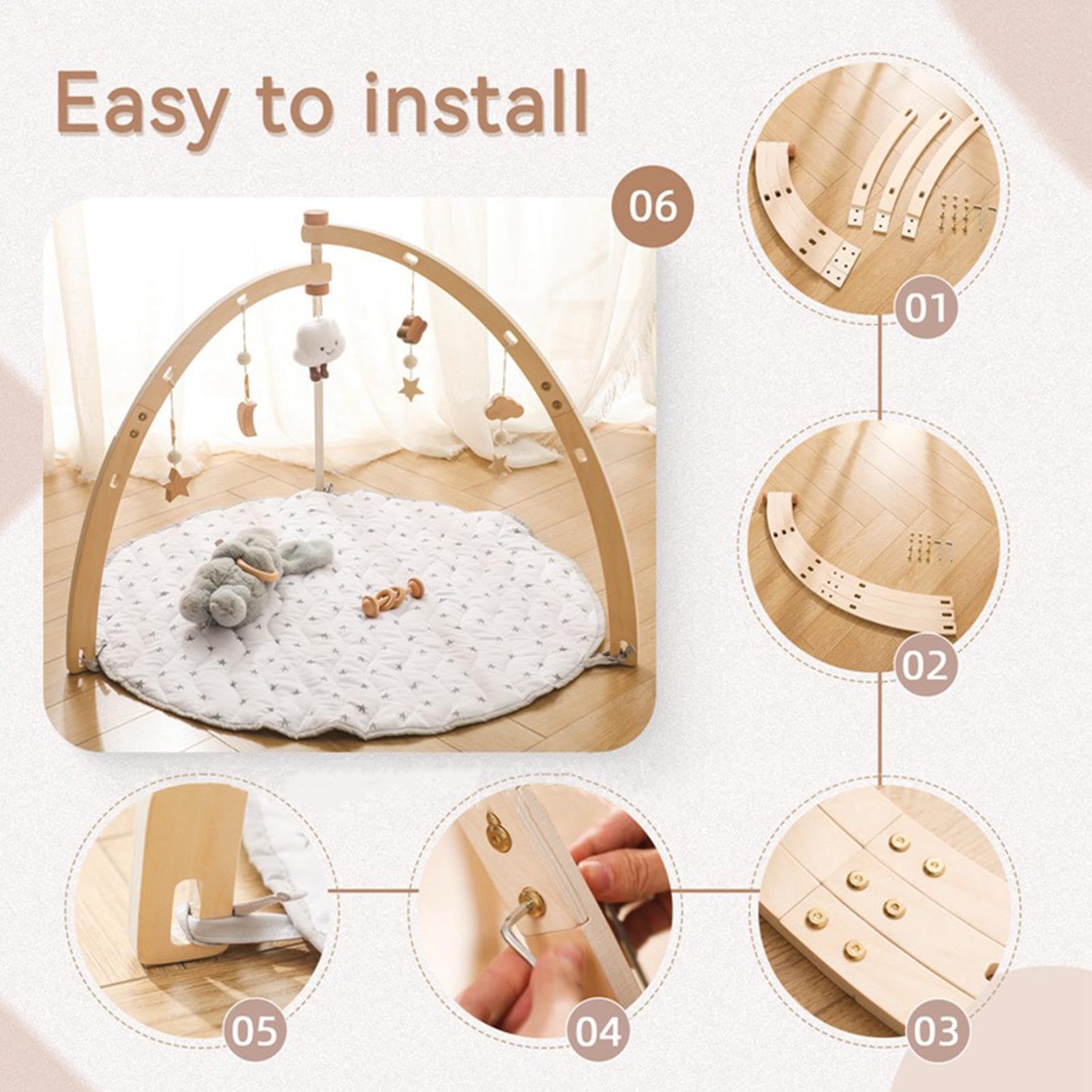 Wooden Baby Play Gym - Interactive Activity Center with Sensory Toys & Soft Mat for Infants & Toddlers | Montessori Learning, Tummy Time, Early Development Play Set