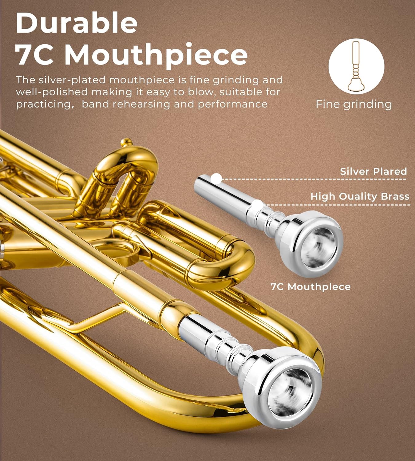 Vangoa Bb Trumpet Brass Standard Gold Beginner Trumpet for Students & Adults - Includes Hard Case, Stand, Cleaning Kit, White Gloves, Valve Oil & 7C Mouthpiece - Perfect for School Band, Orchestra & Music Practice