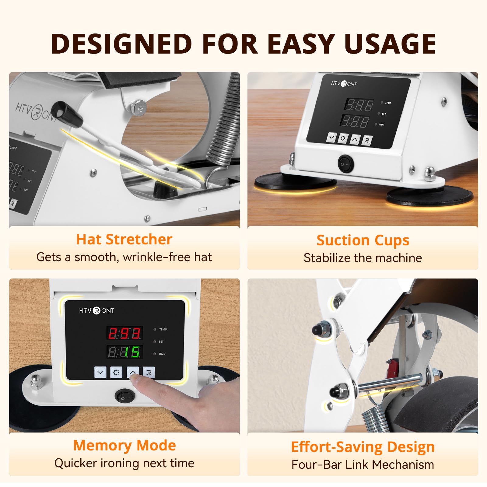 HTVRONT Hat Press Machine for Caps - Teflon-Coated Curved Heat Plate with Memory Mode & Non-Slip Base | Perfect for Heat Transfer Vinyl, DIY Custom Hats, Embroidery Projects and Small Business Printing Needs