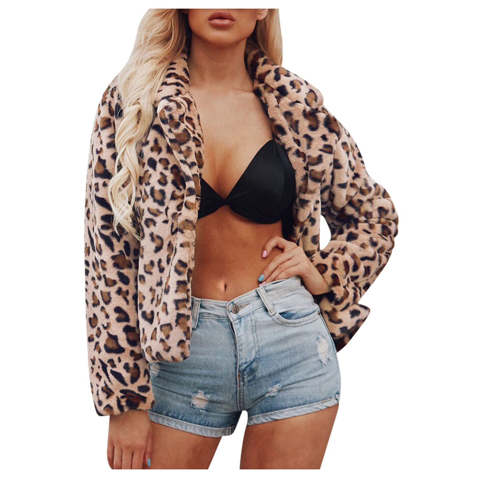 Women's Faux Plush Leopard Print Coat Jacket - Warm Long Sleeve Lapel Cardigan for Winter Fashion | Perfect for Office, Dating & Outdoor Activities