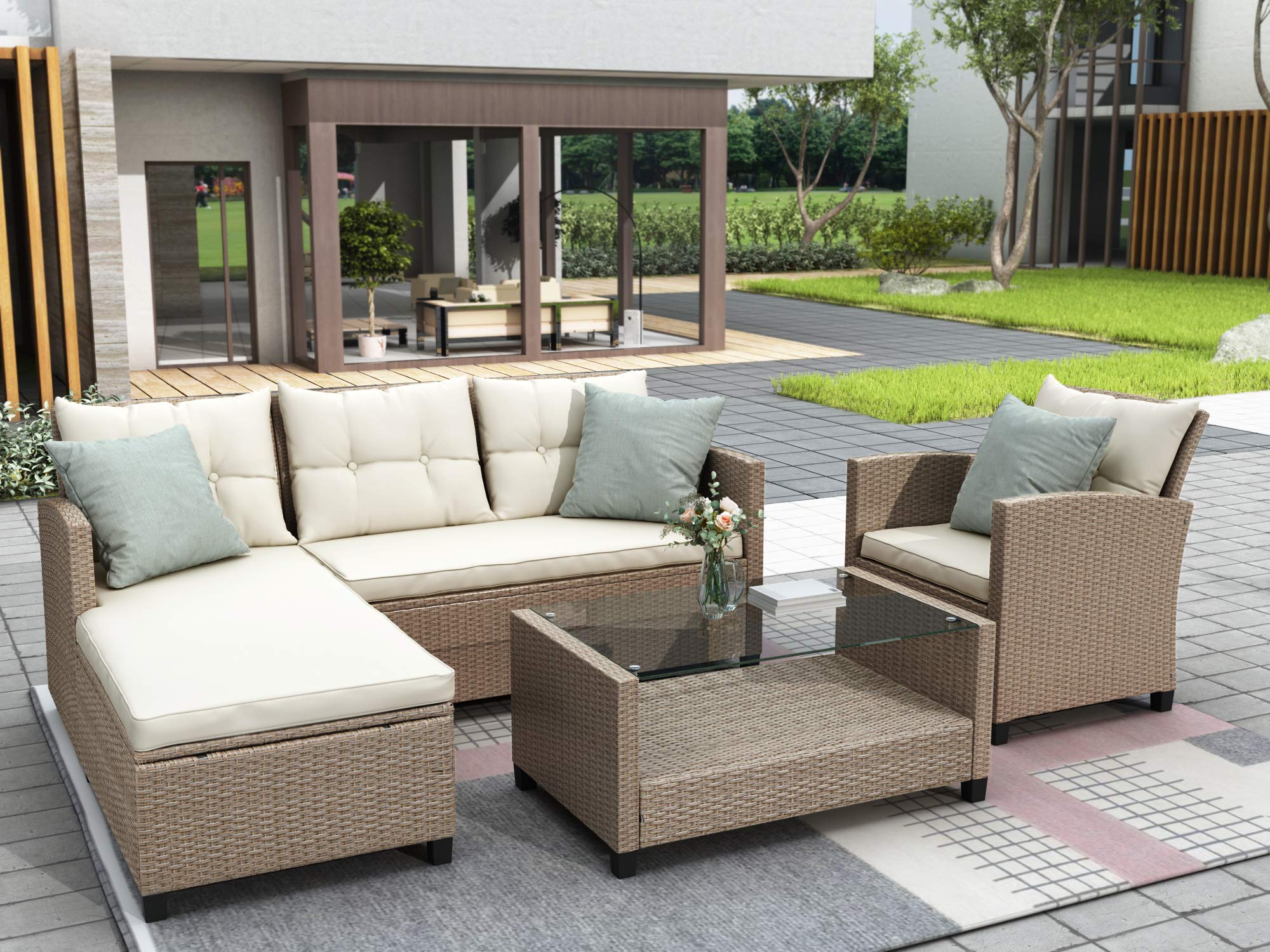 4-Piece Outdoor Sectional Sofa Set - PE Rattan Patio Furniture with Cushions & Glass Table - Brown & Beige Wicker Conversation Set for Backyard, Poolside or Garden Relaxation