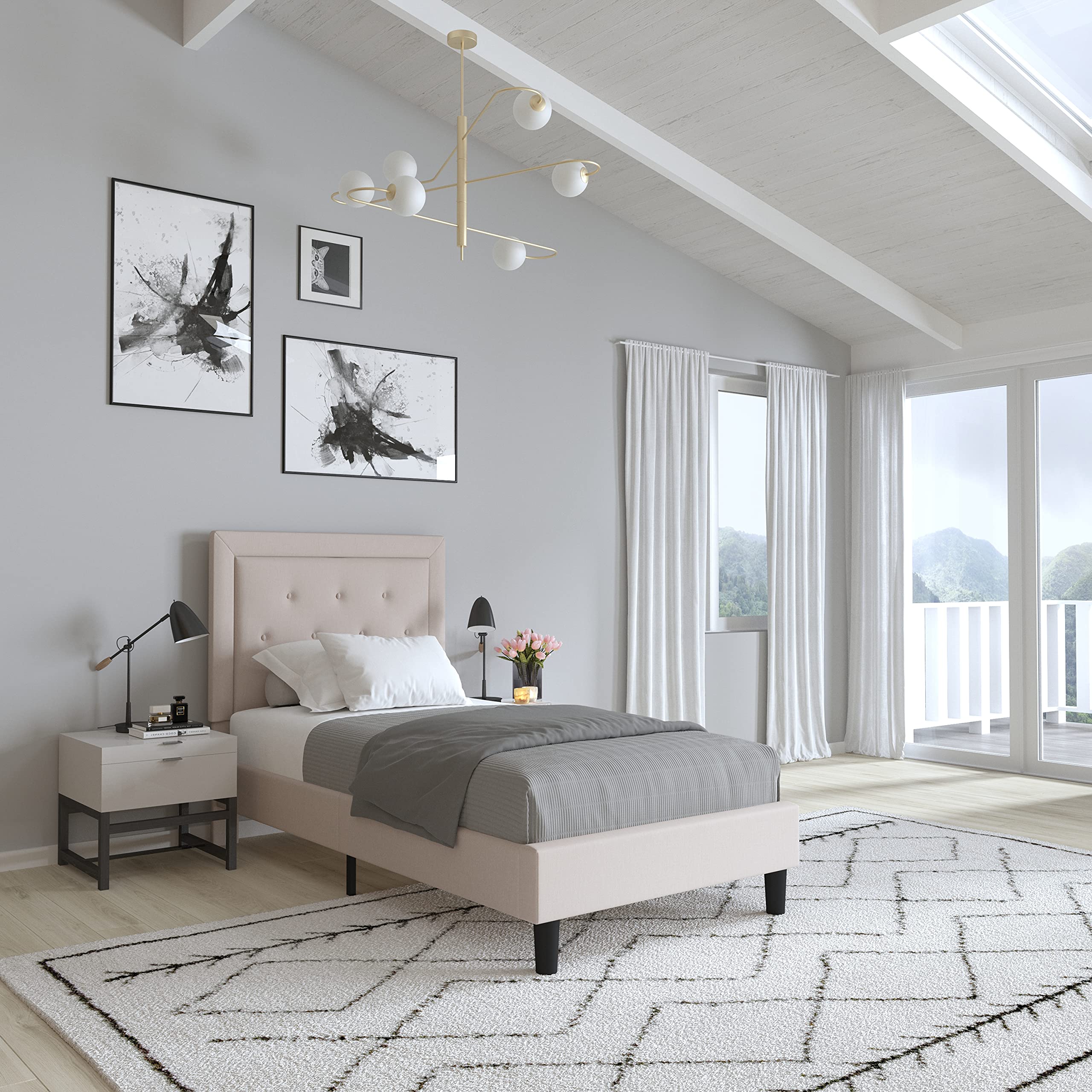 Merrick Lane Mallory Twin Size Platform Bed - Tufted Upholstered Bed Frame with Beige Fabric - Perfect for Small Bedrooms, Guest Rooms & Dorm Decor