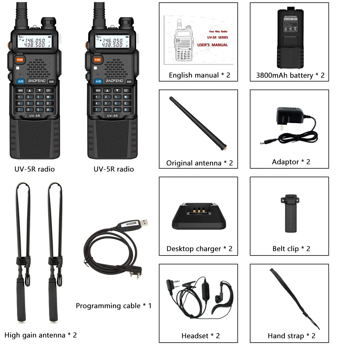 Baofeng UV-5R Plus 8W Dual Band VHF/UHF Ham Radio 2 Pack - Long Range Two Way Radios for Adults with High Gain Antenna, Programming Cable & Earpiece - Ideal for Outdoor Adventures, Emergency Communication, and Tactical Operations