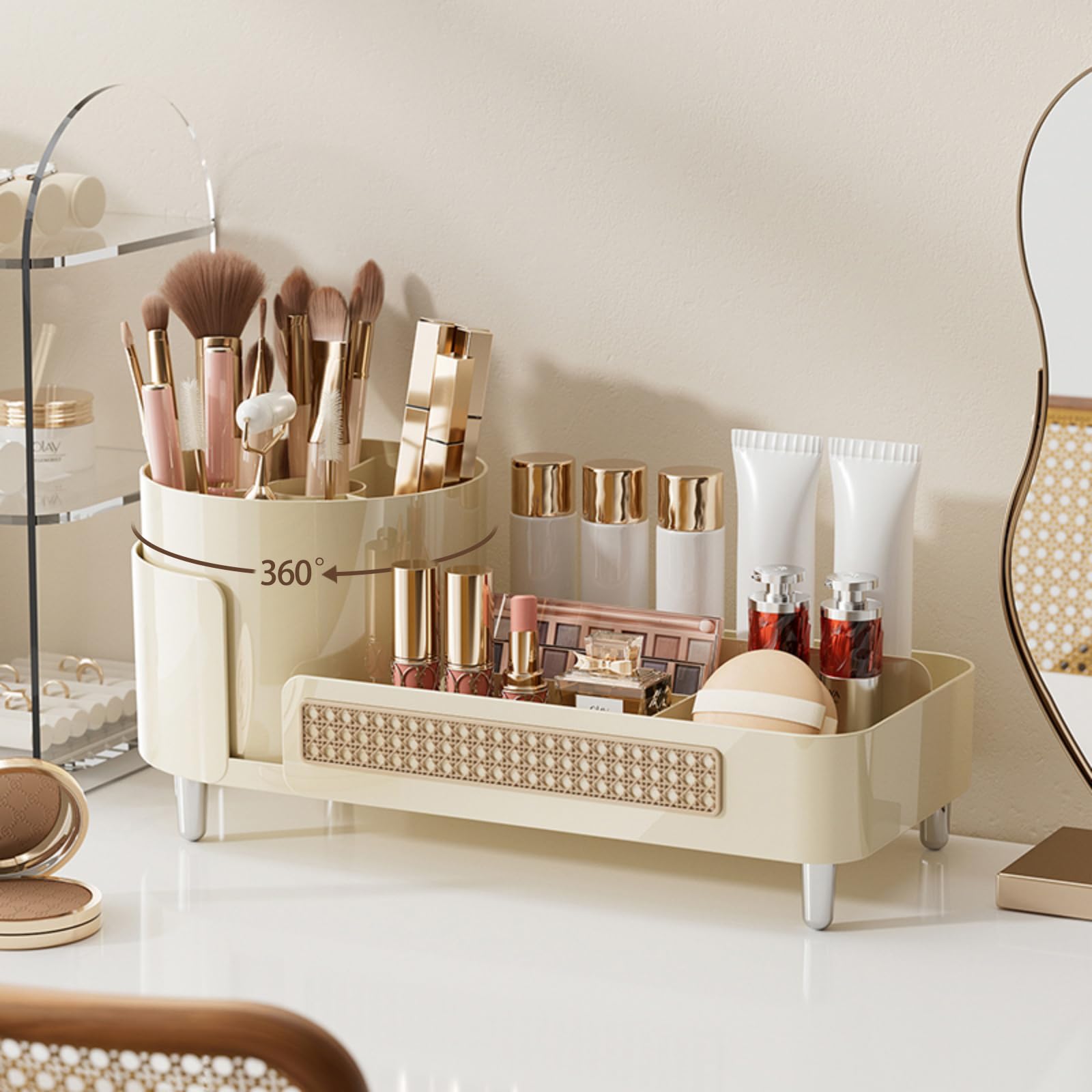 2-in-1 Rotating Makeup Organizer with Large Capacity - Vanity Countertop Cosmetic Storage Display Case for Bathroom & Dressing Table (Cream) | Perfect for Organizing Lipsticks, Brushes & Skincare Products