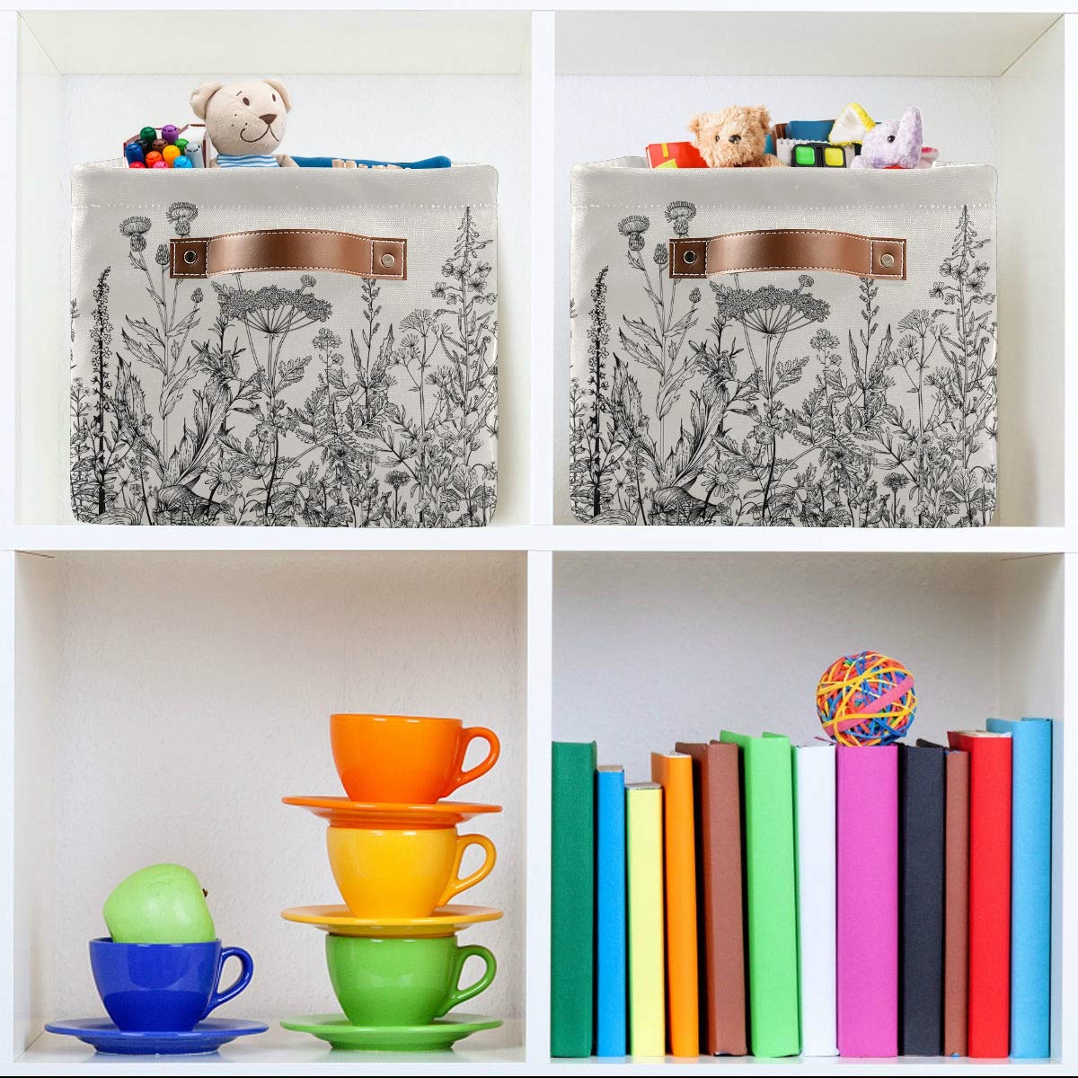 Black White Flower Storage Baskets - Collapsible Fabric Bin for Home Decor & Organizing