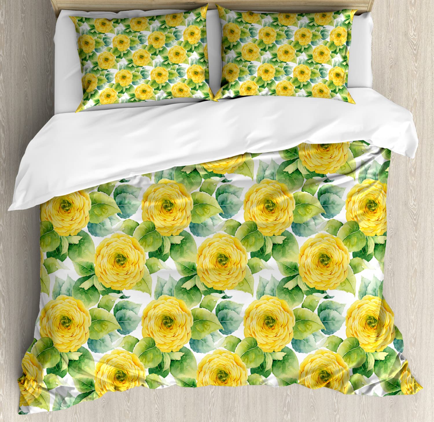 Ambesonne Yellow Flower Duvet Cover Set - Blooming Ranunculus Watercolor Art Bedding with 2 Duvet Covers & 4 Pillowcases, 2-Pack California King Size in Yellow & Fern Green | Perfect for Spring Bedroom Decor, Guest Room Makeover & Floral Theme Home Styling