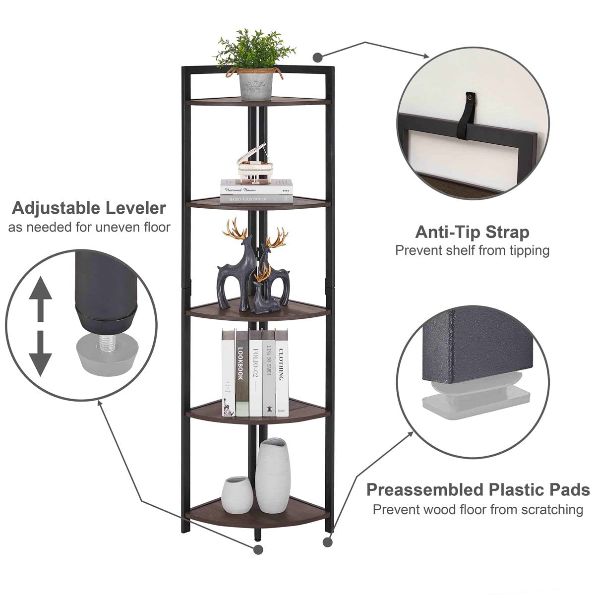 FATORRI 5-Tier Rustic Tall Corner Shelf - Industrial Dark Wood & Metal Bookshelf for Living Room, Home Office - Walnut Brown Corner Plant Stand for Small Spaces & Decor