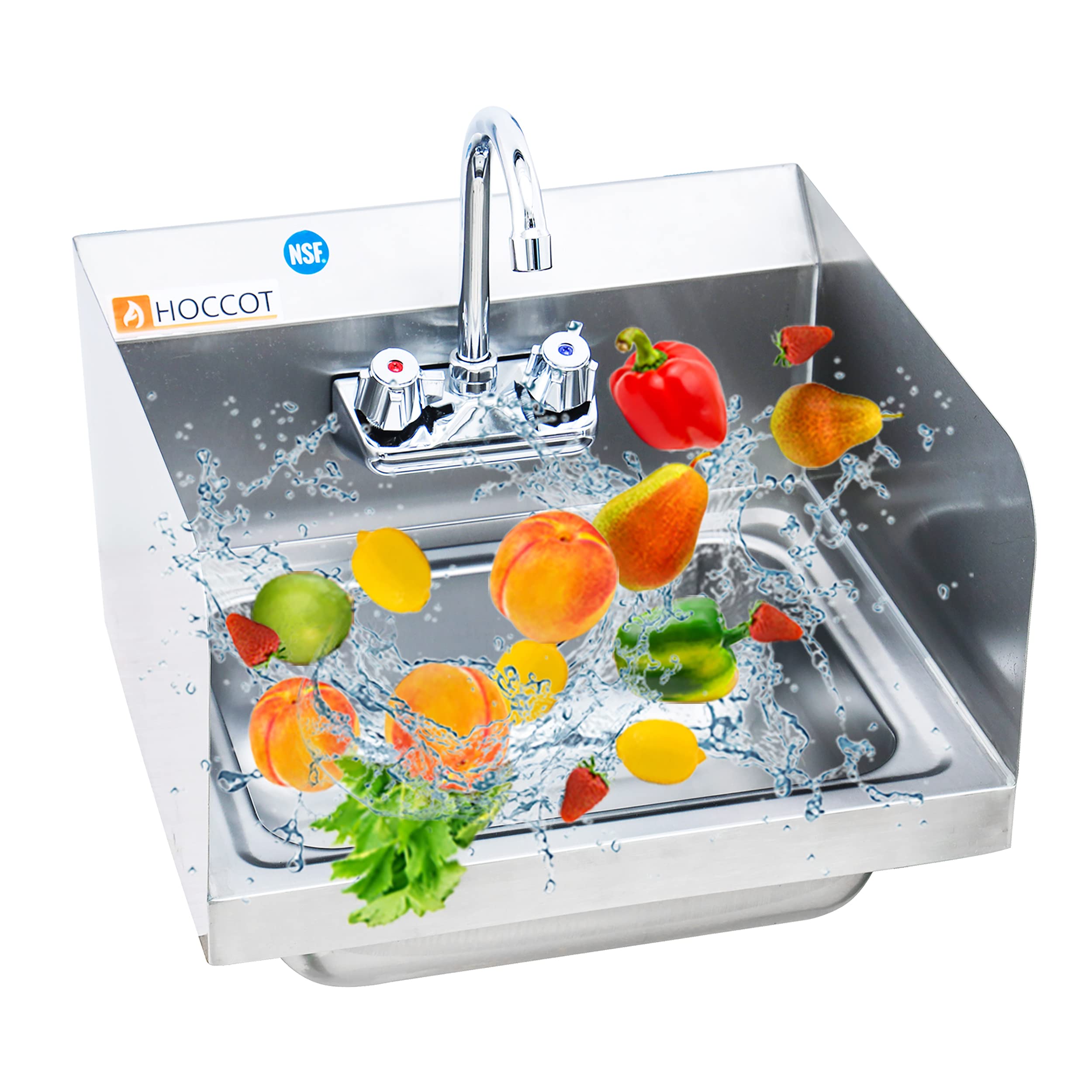 Premium 304 Stainless Steel Wall Mounted Commercial Sink - Heavy Duty Hand Washing Sink with Side Splashes for Restaurant, Kitchen, Bar, Outdoor & Garage Use - 17